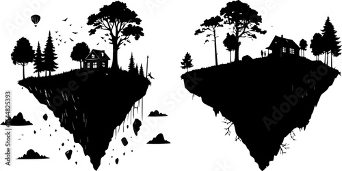 Floating Islands with House and Trees Silhouette - Fantasy Landscape Concept