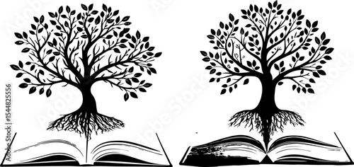 Tree of Knowledge Growing from Open Book Silhouette - Education and Growth Concept Vector