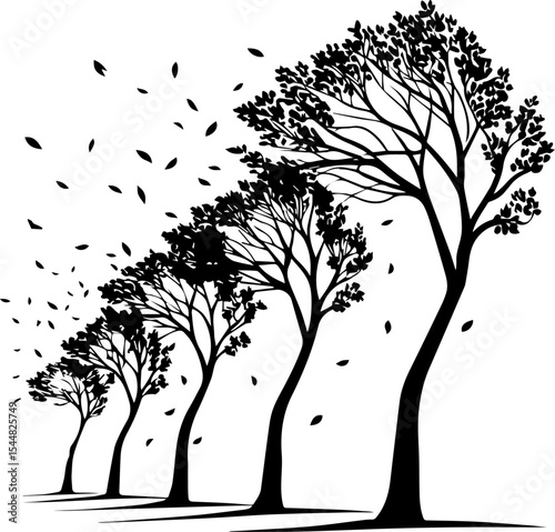Wind Swept Trees with Falling Leaves - Black and White Silhouette