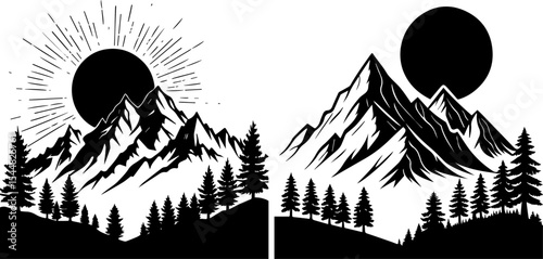 Mountain Landscape Silhouettes with Sun and Trees - Nature Adventure Design