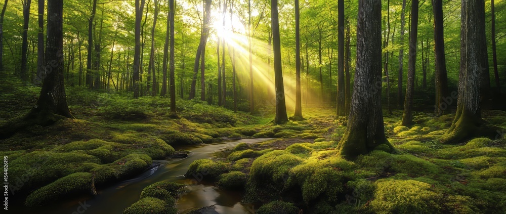 Obraz premium A springtime forest scene unfolds with vibrant greenery and radiant sunlight filtering through the trees