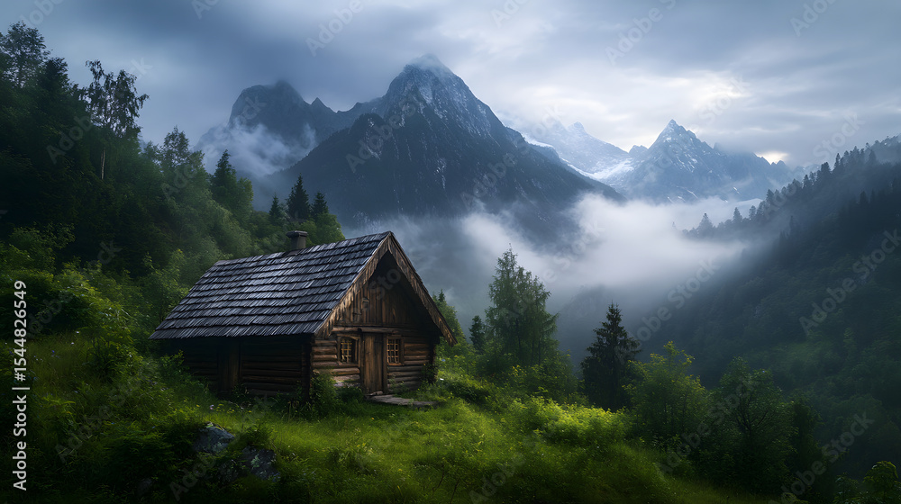 A traditional wooden hut with a thatched roof, surrounded by alpine flora and a breathtaking view of the mountain range in the background. A traditional wooden hut with a thatched roof, surrounded by alpine flora and a breathtaking view of the mountain range in the background.