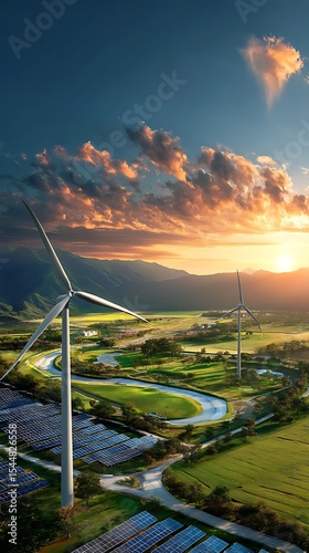 Sunset Over Wind Turbines and Solar Panels in a Green Valley Landscape