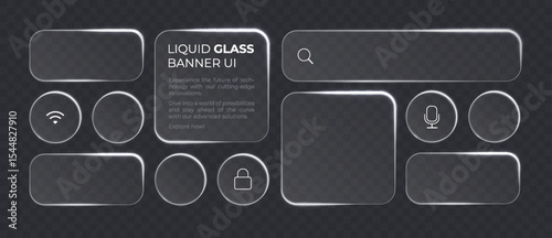 Liquid glass smartphone icon interface isolated for dark theme. White UI light frame square and circle banner with glow stroke. Control center widget for smartphone and web app, vector illustration.
