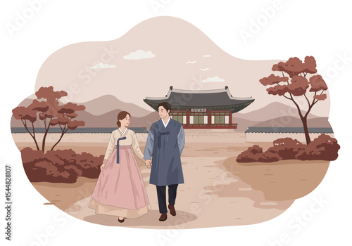 Romantic couple in modern hanbok fashion at a traditional Korean palace.