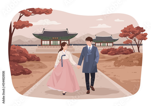 Romantic couple in modern hanbok fashion at a traditional Korean palace.