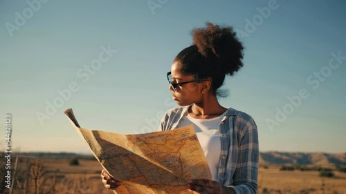 Explorer's Quest: A young woman, radiating determination, navigates her path with a detailed map in hand, amidst the vastness of a sun-kissed landscape.