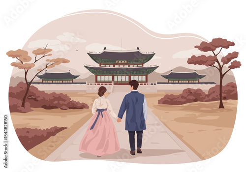 Romantic couple in modern hanbok fashion at a traditional Korean palace.