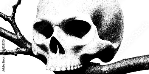 Gothic owl skull on branch in high contrast black and white design