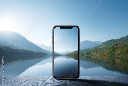 Smartphone Displaying Scenic Reflection of Mountains on Lake Against a Clear Sky Setting, Concept of Technology and Nature Harmony, Suitable for Advertising, Electronics, or Travel Businesses