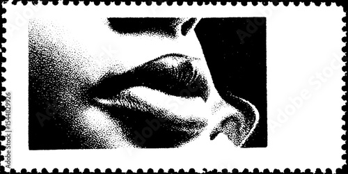 Artistic black and white postal airmail design with lip detail and high contrast border