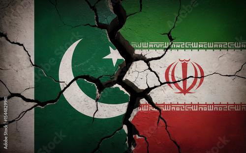 Cracked Border Between Pakistan and Iran Flags Symbolizing Diplomatic Conflict and Division