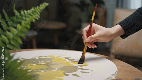 Brushstroke Brilliance: An artisan's hand guides a brush across a canvas, delicately applying strokes of vibrant color, creating a piece of artwork with focused precision and skillful technique.