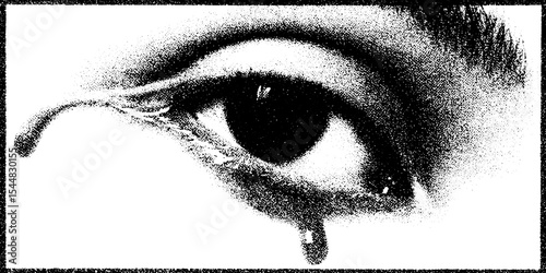 Surreal psychedelic eye with droplet in high contrast black and white design