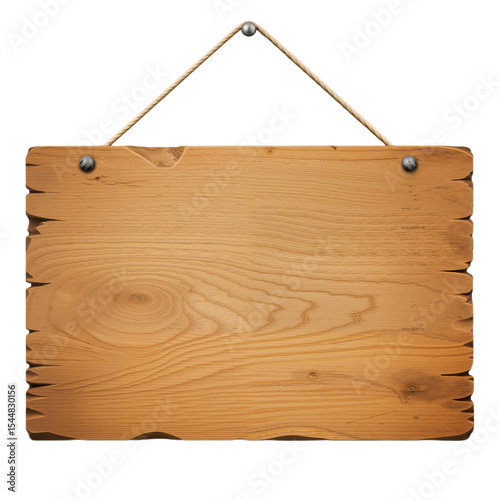 Rustic Wooden Sign with Rope Hanger Against White Background