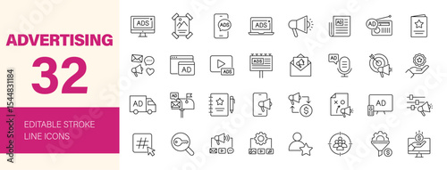 Advertising icon set. Containing marketing, promotion, SEO, announcement, branding, campaign, AD, billboard, banner, advertisement and more. Editable line icons. Vector illustration.