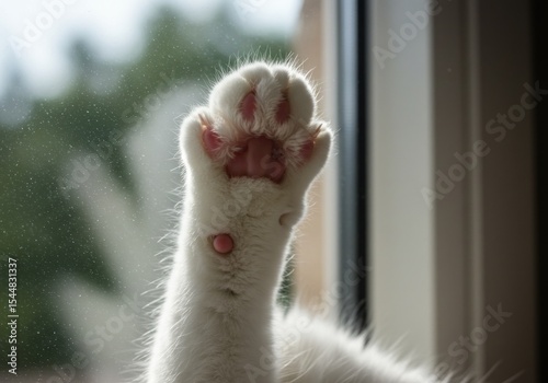 Close-up of a white cat's paw reaching towards a sunny window, soft focus background