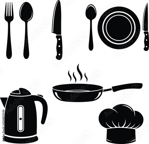 Set of kitchen utensil icons fork, spoon, knife, plate, frying pan, kettle, and chef hat in black silhouette style on white background