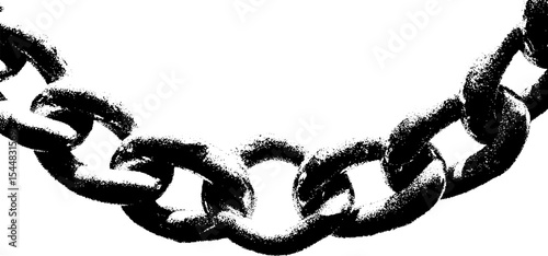 High contrast black and white image of rusted chain collar