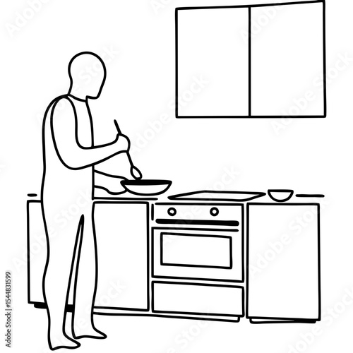 Person cooking in kitchen, preparing meal in bowl with spoon. Simple line art illustration shows person cooking at home.  This line art is perfect for cookbook, recipe book, or kitchen design project.