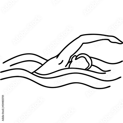 Person swimming freestyle stroke line art illustration. Swimmer in water depicted with simple lines and waves.  Elegant line art design perfect for sports posters and websites.