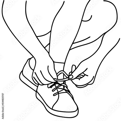 Person tying shoelaces illustration. Line art depicting hands carefully tying laces on sneakers. Detailed drawing of feet and legs while person sits and secures shoelaces.