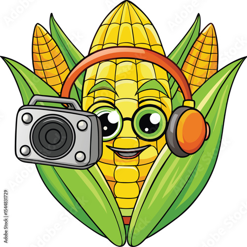 Funky corn cob with headphones and boom box