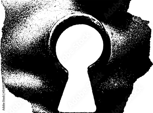 High contrast black and white abstract of rusted hinge keyhole design