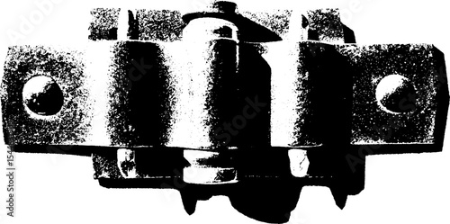 High contrast black and white image of a rusted wrought iron hinge for design and decoration