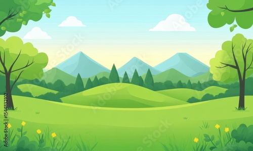 Modern illustration of a hill landscape featuring mountainous and forest scenery
