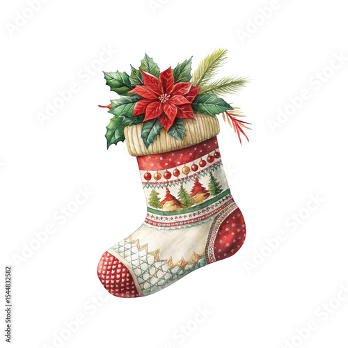 Christmas stocking, vintage watercolor illustration, festive holiday decoration, white knit sock