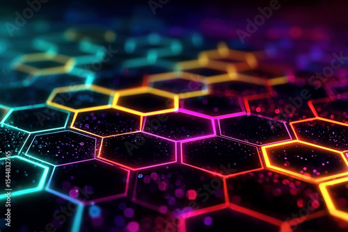 A digital landscape with an abstract hexagon grid pattern, illuminated by neon lights on the edges of each cell