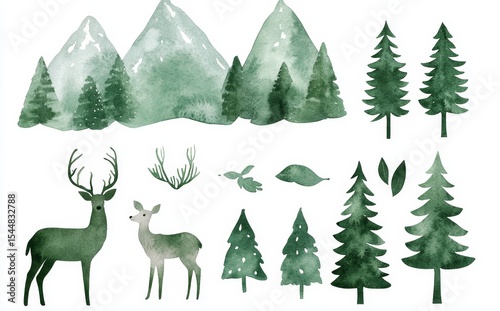 A watercolor depiction of a forest with pine trees, set amidst a mountain landscape and green forest, is accompanied by a deer