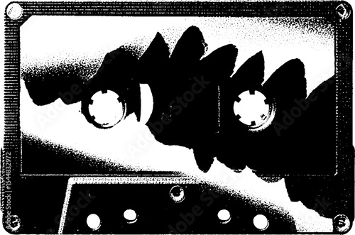 Retro shattered cassette tape design with high contrast black and white aesthetic