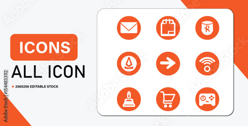 Collection of Orange and White Vector Icons Representing Various Common Digital Functions