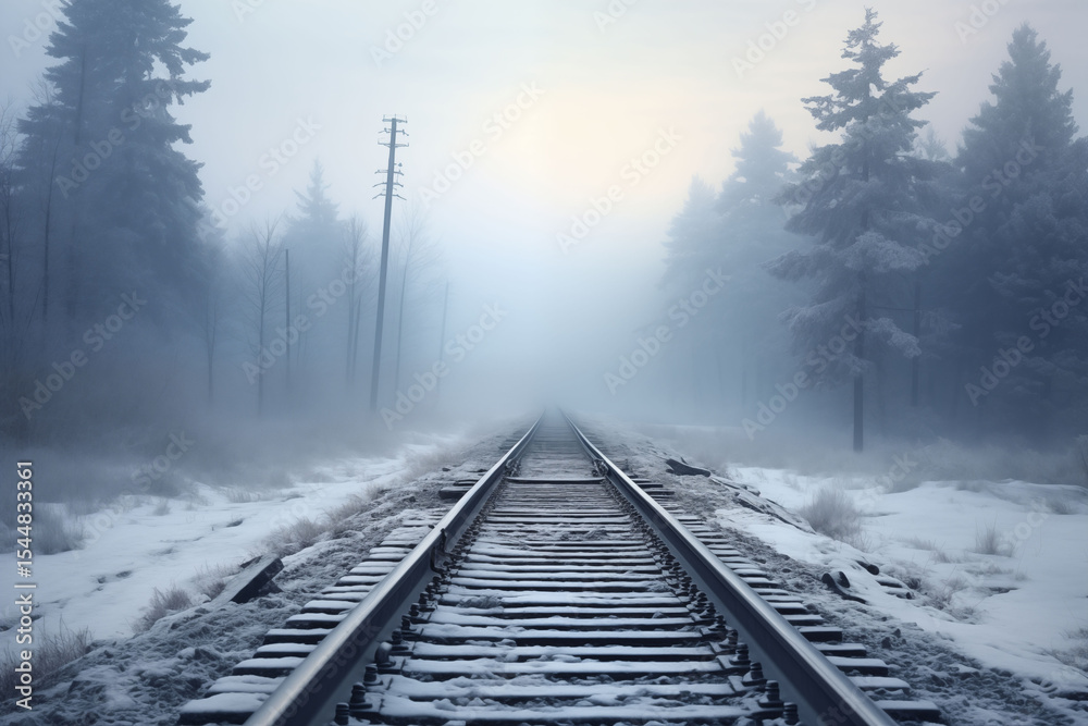 Fototapeta premium The train tracks disappear into a land of snow and fog.