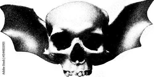 Gothic skull with bat wings in high contrast black and white design