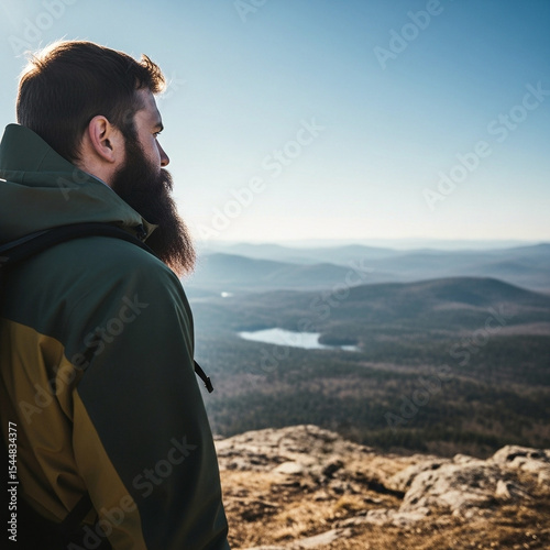 Side Profile Portrait Rugged Man Groomed Beard Outdoor Jacket Rocky Mountain Peak Blurred Hills Serene Lake Clear Blue Sky Adventure Contemplation Natural Beauty