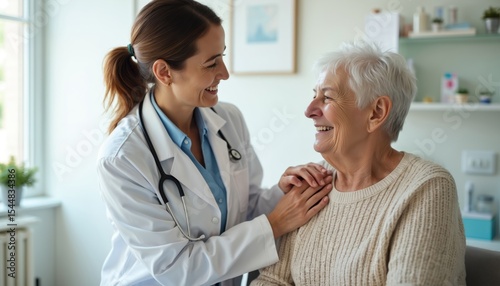 Smiling doctor supports elderly patient in medical office. Pro physician provides assistance. Positive interaction, comfort, compassion, trust, communication between physician, senior patient.