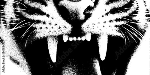 Intense snarling tiger with grills in high contrast black and white for wildlife art