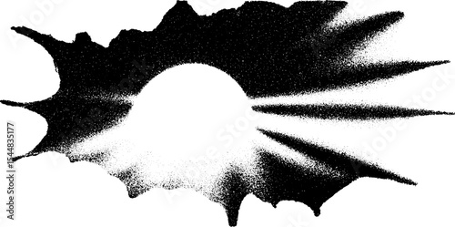 Abstract splattered ink blot in high contrast black and white aesthetic for artistic designs
