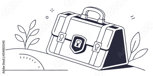 Illustration of a briefcase with a shield lock on a hill with plants and a semicircle design