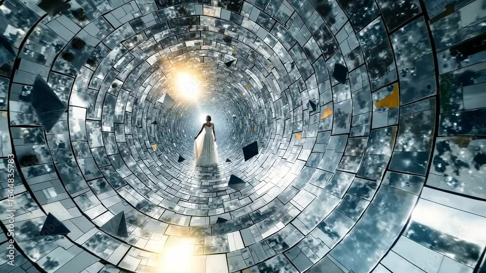A woman in a white dress standing in a tunnel of mirrors