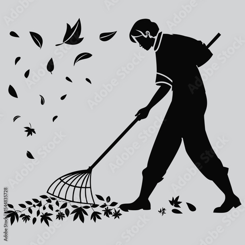  Person raking autumn leaves silhouette vector design art and illustration