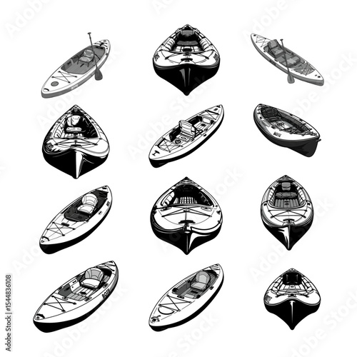 Sit-on-Top Fishing Kayak Technical Illustration Set