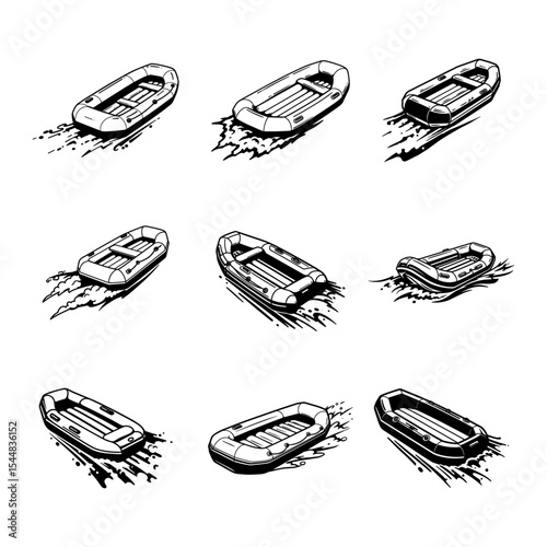 Inflatable Dinghy Boat in Motion Graphic Sketch Set