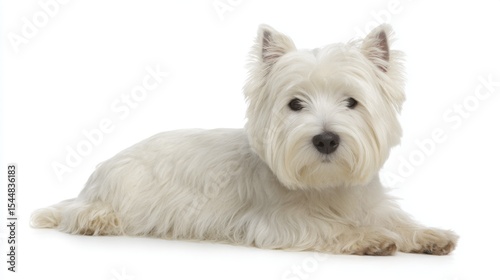 West Highland White Terrier lying calmly on white background with fluffy coat, perked ears, dark expressive eyes, black nose, and extended front paws.