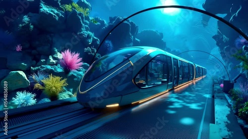 A futuristic train traveling through an underwater world