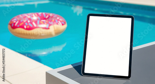 White Tablet Mockup Stylish Outdoor Lounge Sparkling Blue Pool Inflatable Donut Float Custom Screen Leisure Summer Relaxation Modern Tech Device Branding Clean Minimal Scene
