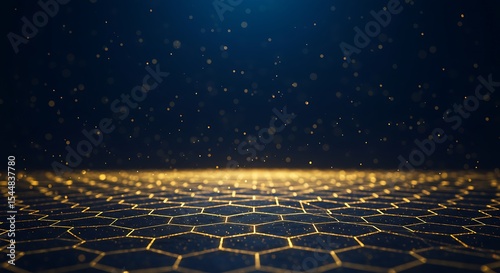 Abstract golden hexagon network with glowing particles